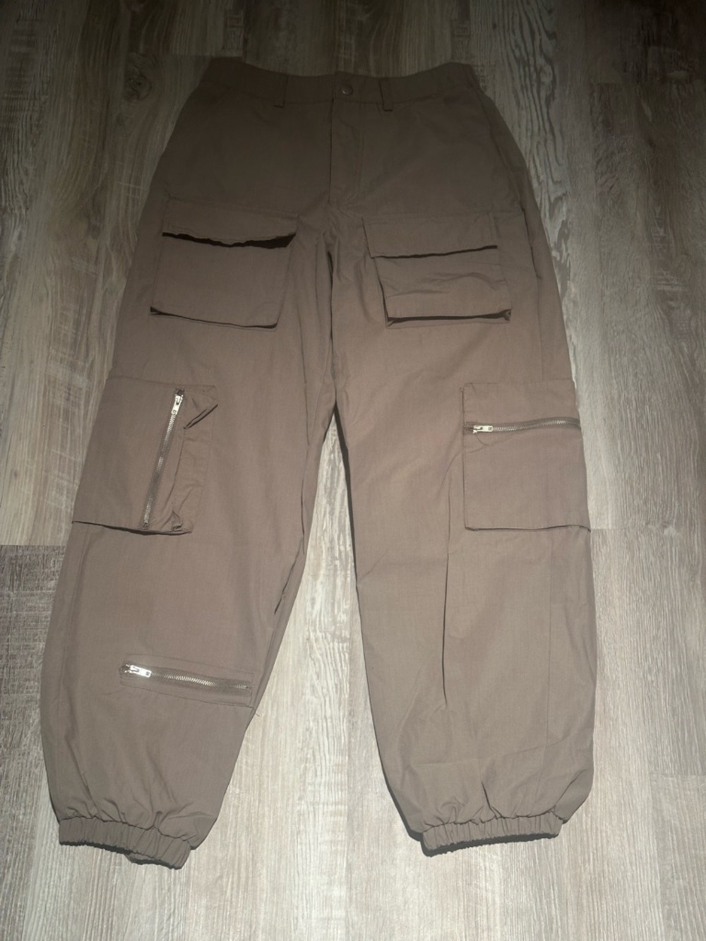 Harper Taupe Wide-Leg Cargo Pants with Zipper Accents